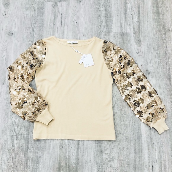 NWT Sioni Cream Gold Sequin Crew Neck Glitter Sweater Mesh Sleeve Size Small - Picture 1 of 8